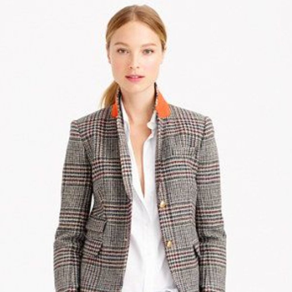 J.Crew Schoolboy Wool Houndstooth Plaid Blazer with Orange Collar,
